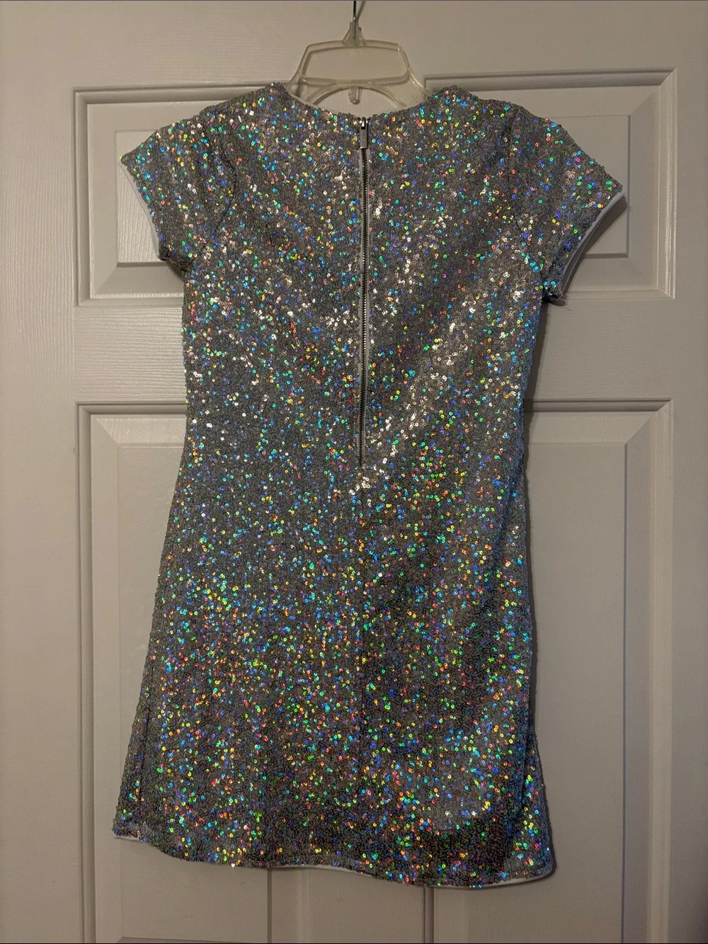 Calvin Klein Girls Holographic Silver Sequin Short Sleeve Dress